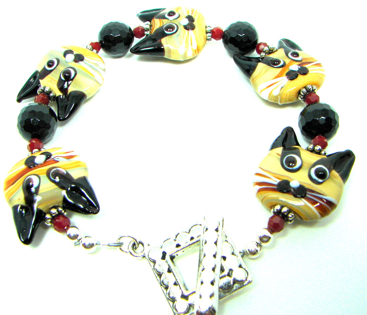 SALE Cat Bracelet, Brown Cats, Taffy Cat, Lampwork Bracelet, Sterling Silver, Pewter, Meow