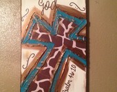 Be Still & Know That I Am God Turquoise Giraffe Print Cross Textured Canvas