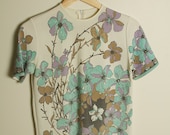 Mod Vintage Hippy Retro Flower Print Short Sleeved Polyester Top Size Women's 38