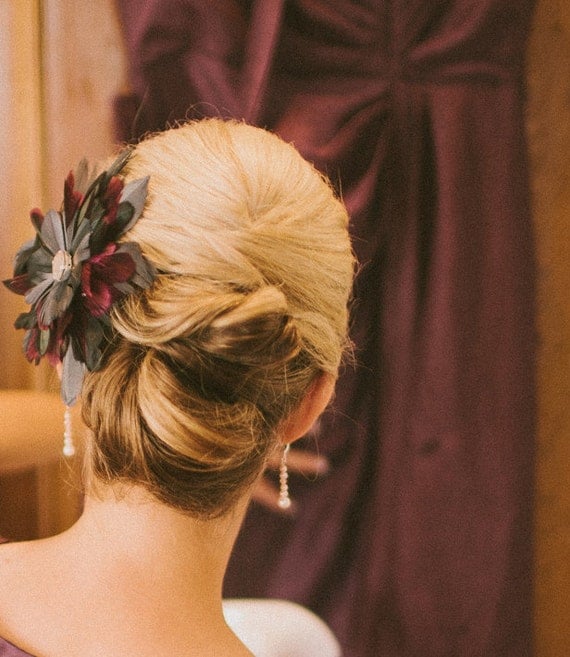 Purple and Gray Bridesmaid or bridal feather fascinator hair piece
