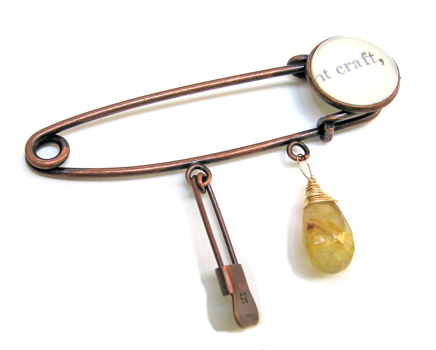Copper Kilt Pin with Gold Rutilated Quartz and Craft Trinkets Pin Dewey Decimal Accessory