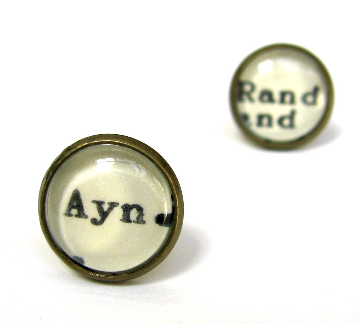 Ayn Rand Author Vintage Library Card Word Earrings Aged Brass Post Studs