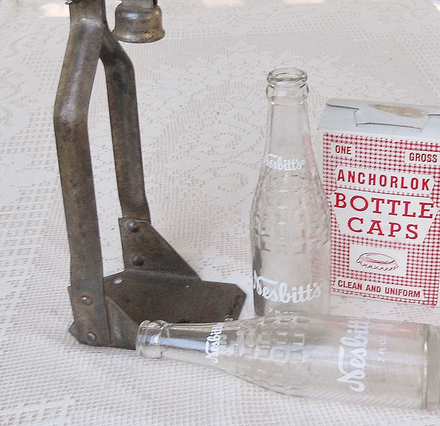 Items similar to Antique Bottle Capper, Bottles and Bottle Caps Set