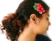 Autumn floral hair clip with pink red flowers, red pip berries and green velvet leaves