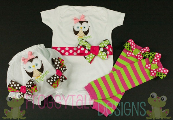 PERSONALIZED Owl Bodysuit Onesie Diaper Cover Bloomer Leg Warmer Set in Fuchsia Lime Chocolate for Little Girls - Custom