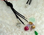 SALE Lariat Knot Necklace With Sterling Leaf, Jade , Nacres and Aqua Chalcedony Quartz, Gemstone Jewelry
