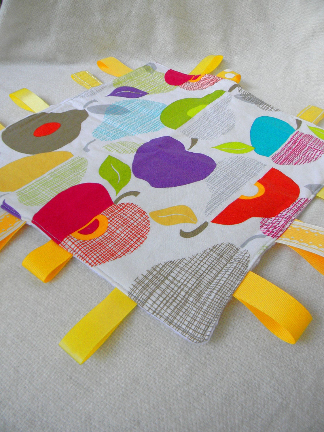 One "Apples and Pears" Baby Tag Blankie, with Minky Dot