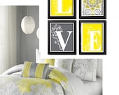 Love Yellow Greys White Wall Art Vintage / Modern Inspired -Set of 4 - 8x11 Prints -  (UNFRAMED)