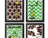 Unframed Vintage Modern Bird Flowers Art Print  - Set of Four 5x7 Print Featured in Brown Yellow Green