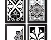 Digital Wall Art Unframed Black Grey Ikat Vintage Modern Flowers Wall Art Print  - Set of Four 8x11 Print Featured in Yellow Greys White