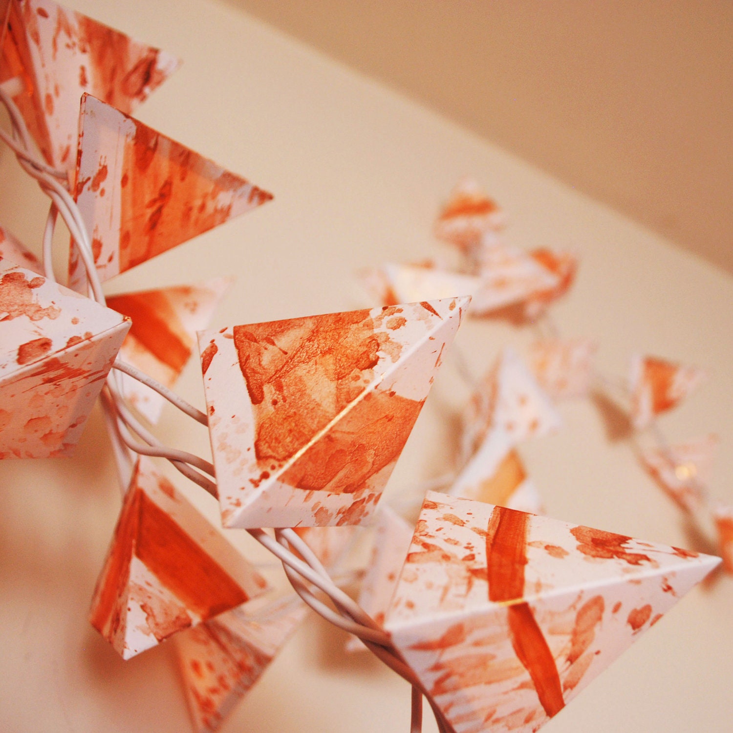 Light Garland Paper Pyramid Lanterns with Gold Splatters and Stripes - Short Strand