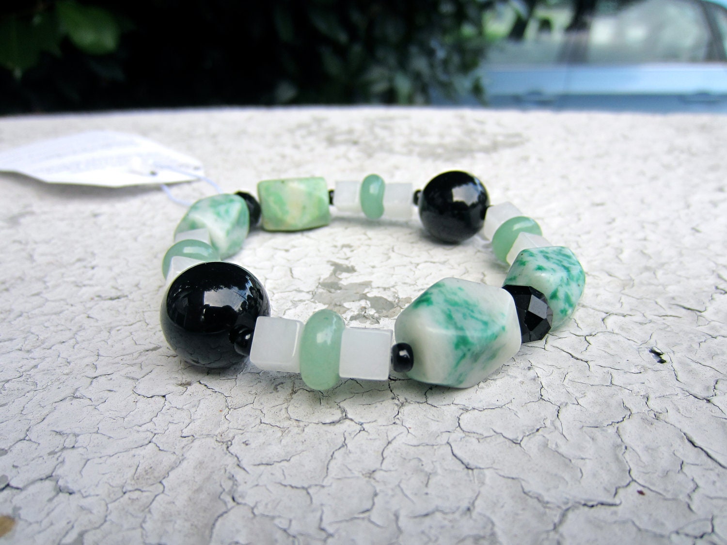 Natural Gemstone Bracelet with Marble, Aventurine, Agate, and Onyx - White, Green, and Black