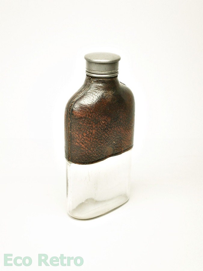 Vintage Antique Glass Hip Flask with Dark Brown Leather Topped Covering