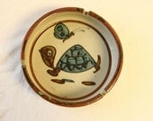 Turtle and Butterfly Ashtray - Vintage Clay/Pottery Ashtray in Natural Blue and Brown Colors - Large Ashtray or Key and Change Holder