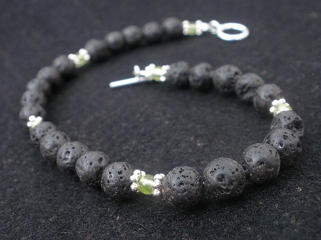 Natural Black Lava - Natural Gemstone Peridot - 925 Sterling Silver Bracelet