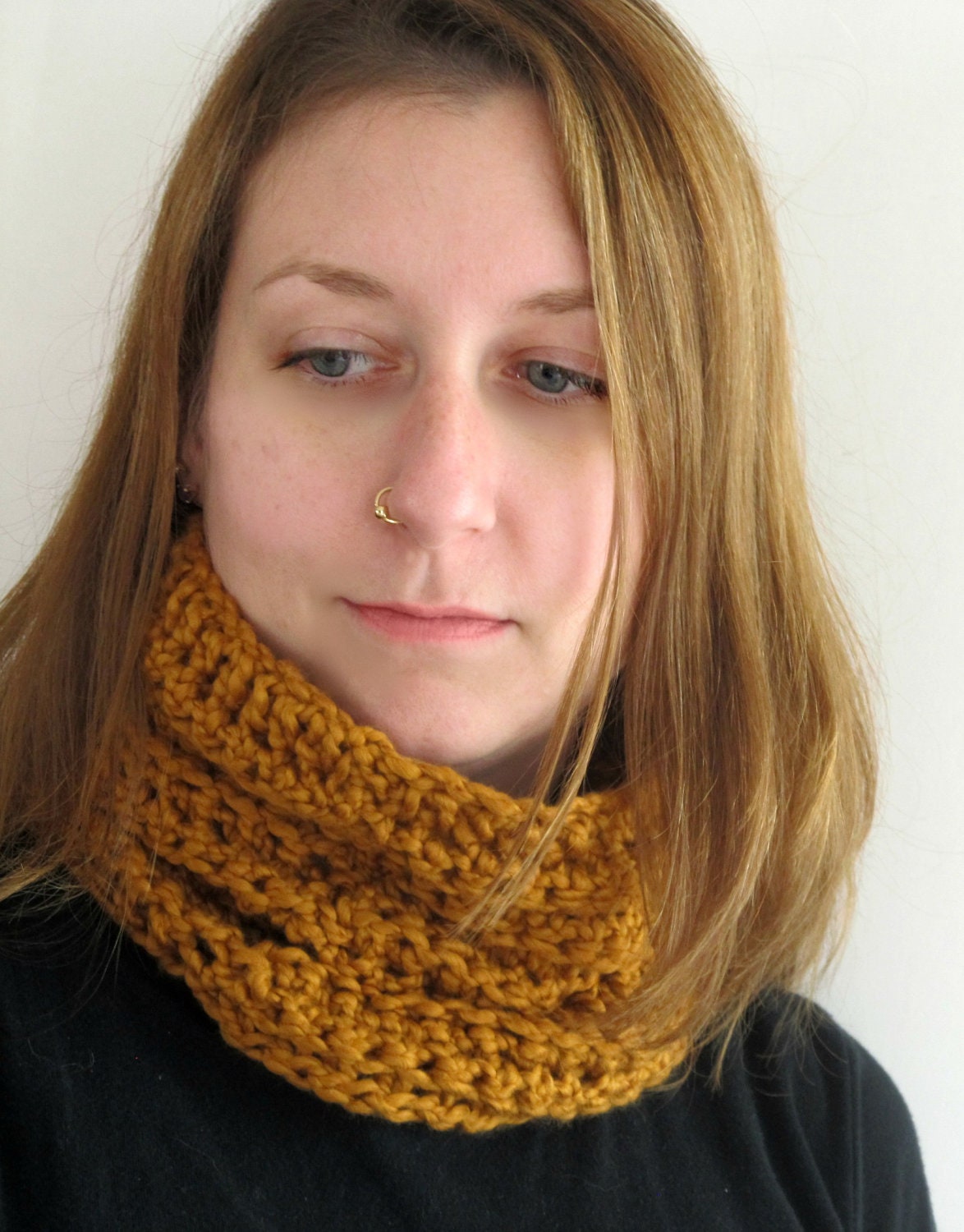 Crocheted Infinity Scarf Cowl Neck Warmer-Mustard-Chunky-Unisex