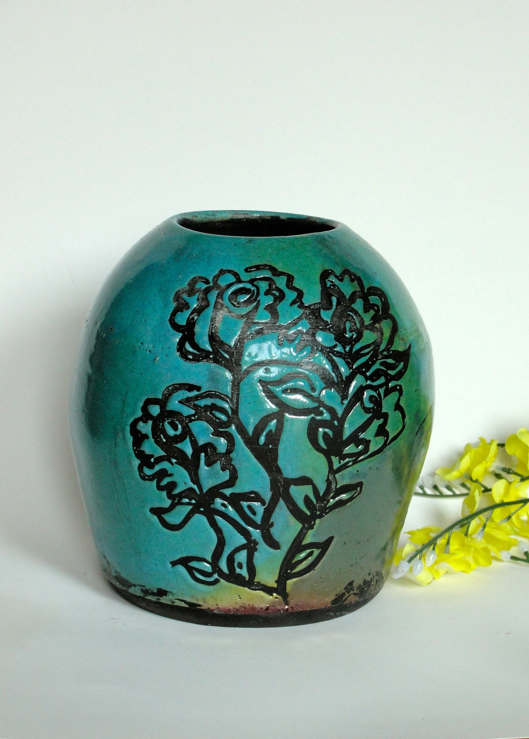 Raku Vase,Roses,Teal Blue, Ceramic Stoneware,Hand Painted, Wax Resist,Wedding Gift,Bridal Gift, Anniversary Gift