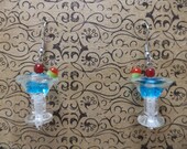 Blue Martini Earrings - Margarita, Drinks, Cocktail, Daiquiri, Lampwork, Glass Bead, Dangle, Olive, Kitsch