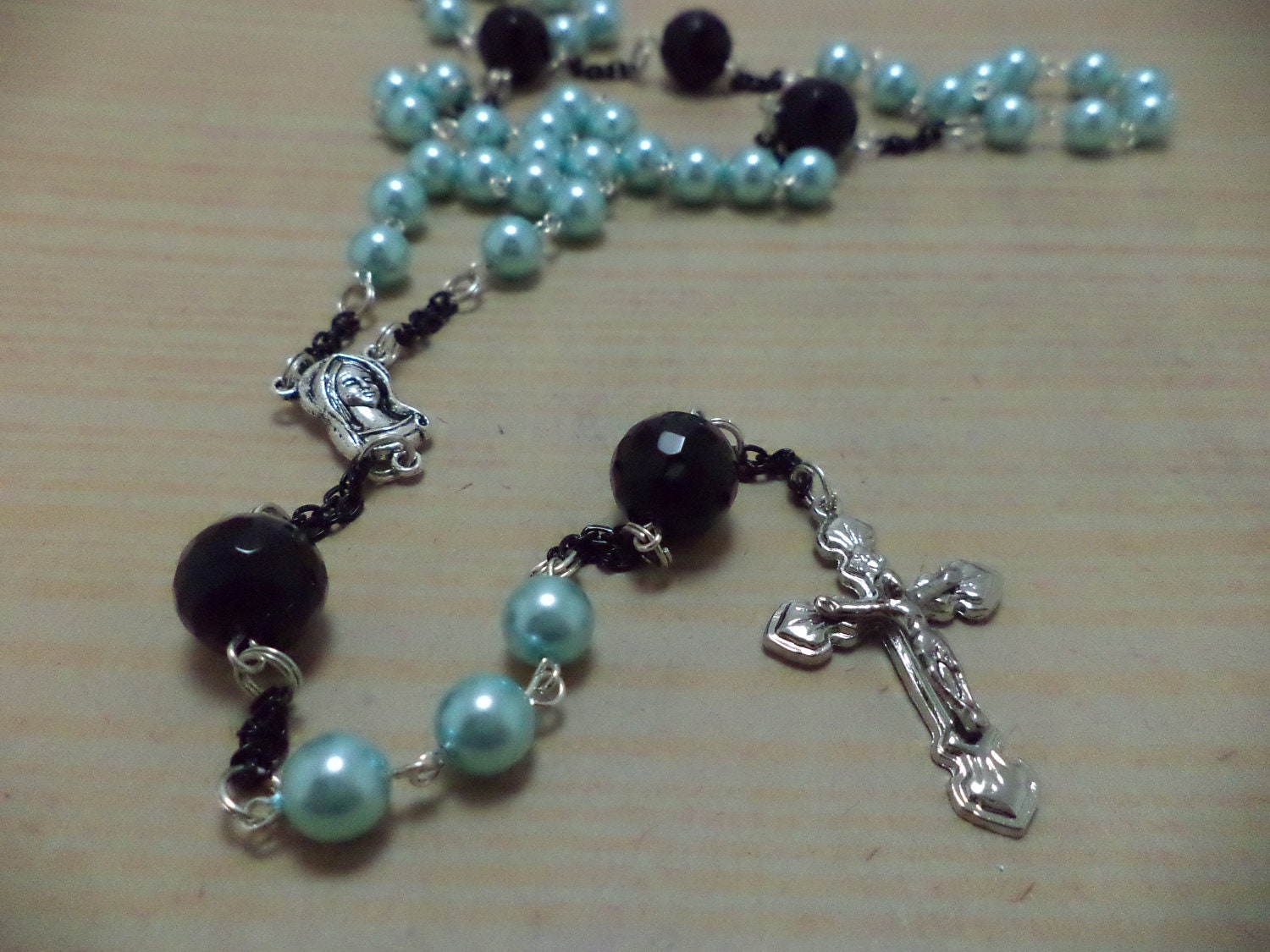 Psychobilly, Rockabilly, Pin Up Girl, Goth, Retro, Vintage Inspired, Blue, Pearl, Glass Bead, Long, Rosary