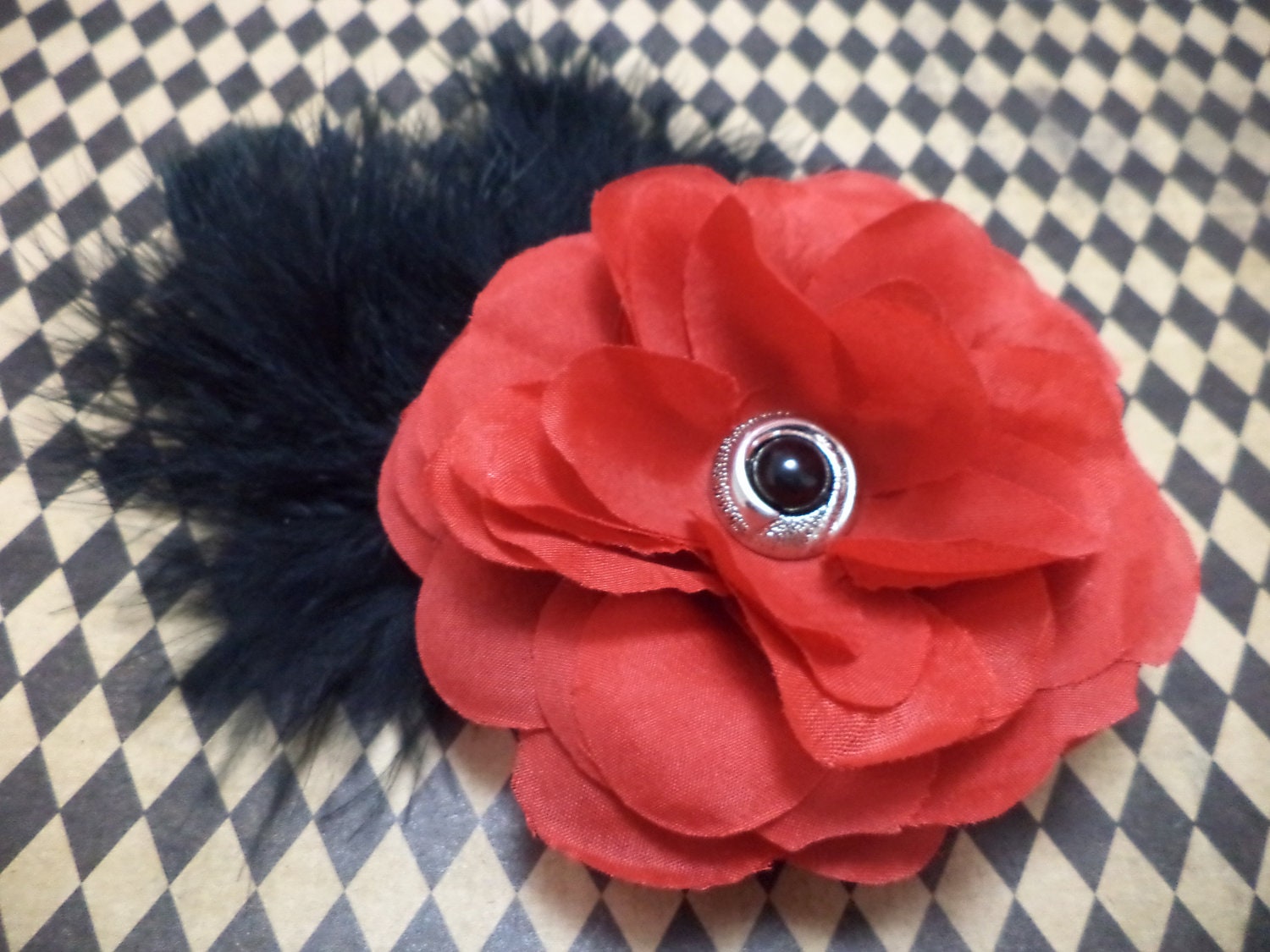 Red Rose Hair Clip with Black Feathers - Fascinator, Burlesque, Pin Up Girl, Flower