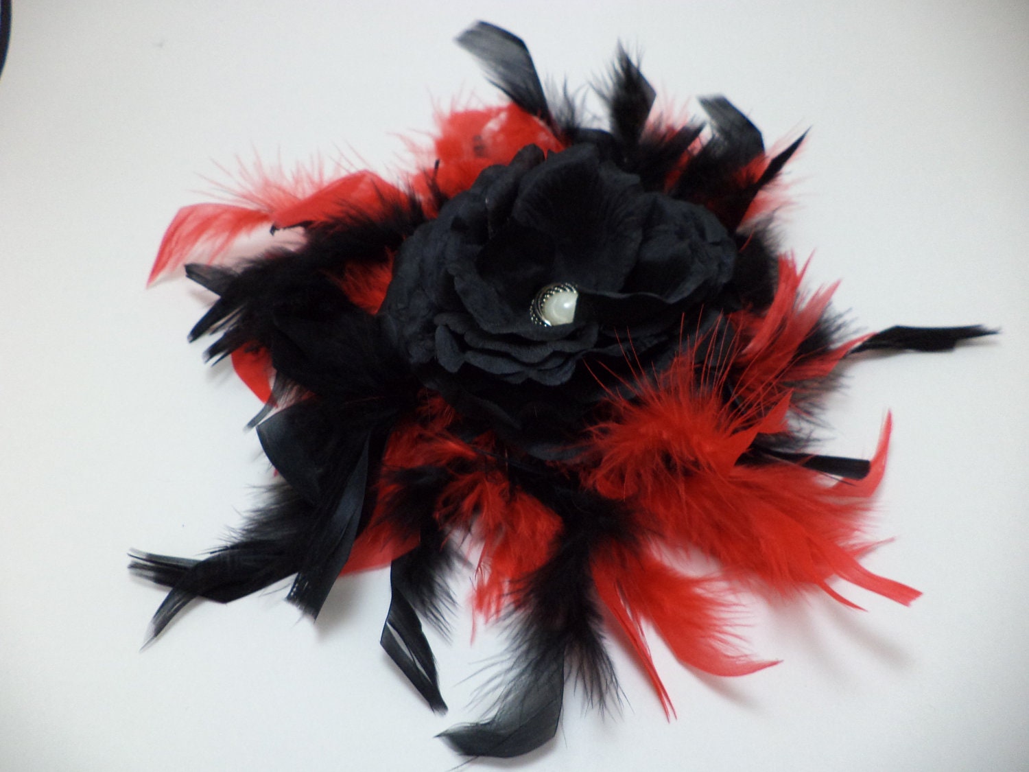 Black Rose Hair Clip with Black and Red Feathers - Fascinator, Boutique, Burlesque, Pin Up Girl, Goth