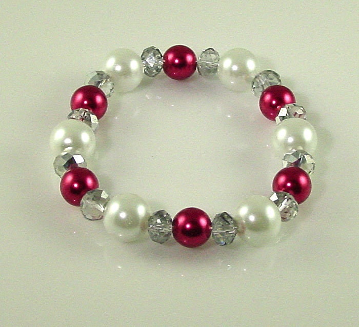 Stretch Bracelet Large White Glass Pearls, Raspberry Pearls, Silver Crystals