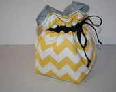 Camera Bag  - Camera Coozy w Drawstring - Dslr camera Bag - insert for purse - Yellow Chevron Stripe Grey