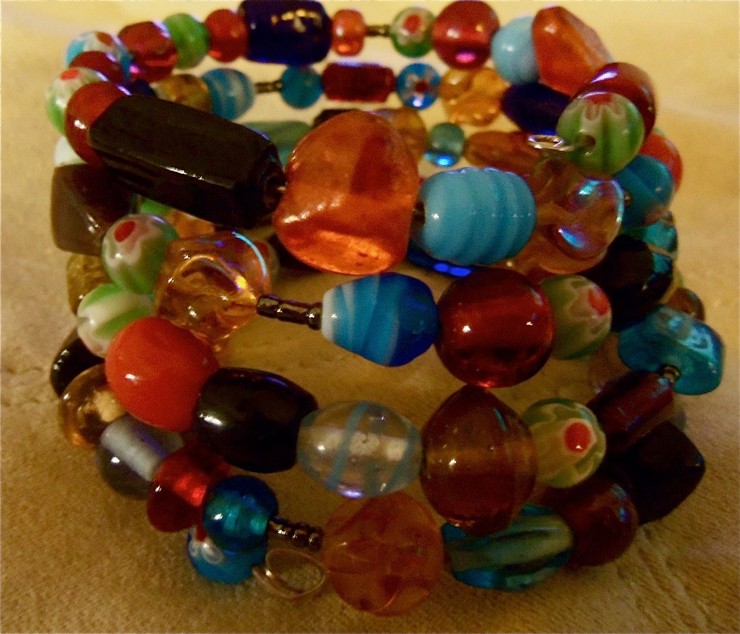 Muti Colored Glass Bead Memory Wire Bracelet