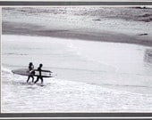 5 x7 matted photo, black and white, surfers, beach