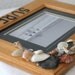 wooden frame, Surf, shells, black and white surfing photograph
