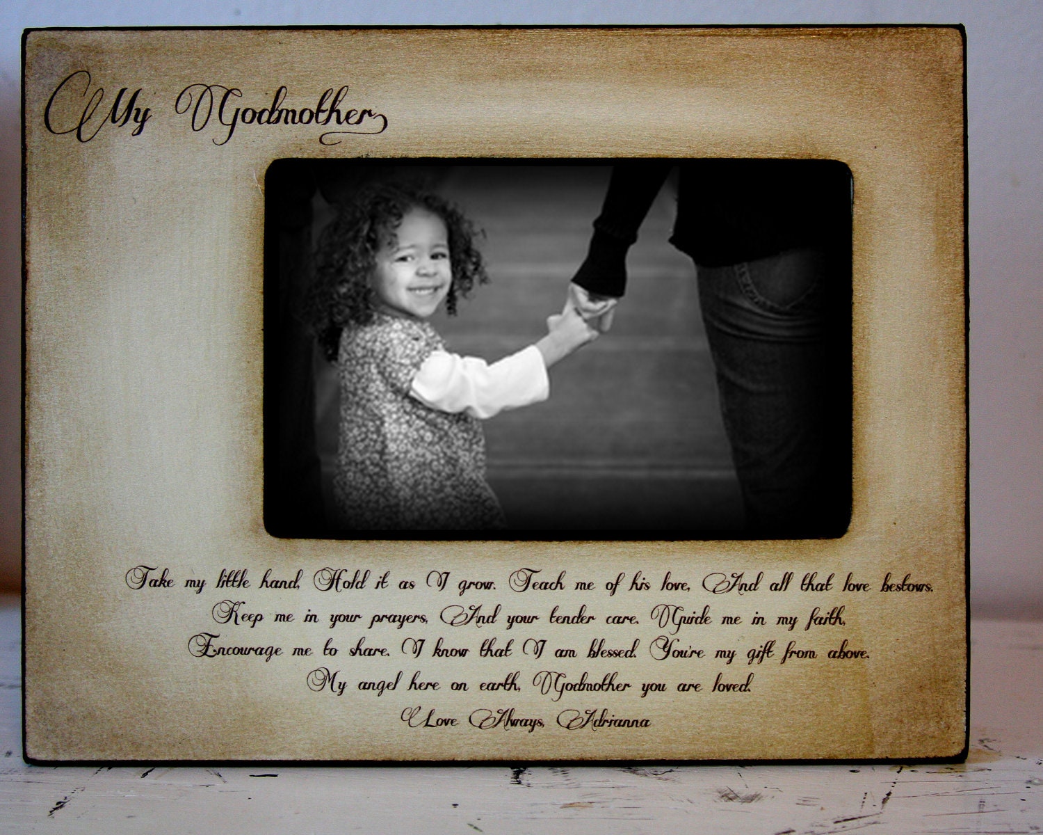 Rustic Vintage Godparents Godfather Godmother Gift Personalized Picture Frame 4x6 Religious Keepsake w/diamond accent