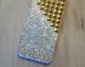 READY TO SHIP Iphone case protector / iphone 5 case silver sparkle case with gold tone studs iphone 5