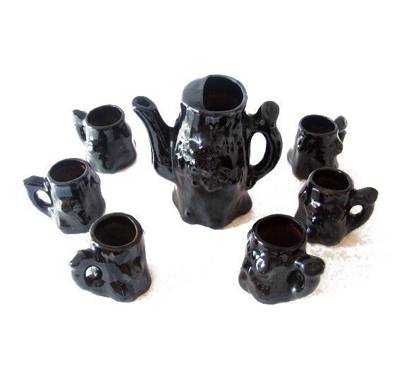 Black and brown Ceramic Coffee Cups and Coffee Pot Set - Modern Mid Century Made in Romania - black brown - natural rustic kitchen decor