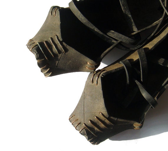 Stunning Romanian Rustic Hand Crafted Shoes - " opinci " - part of national costume - antique rubber hand made shoes with strings