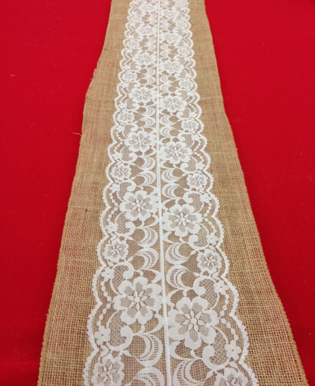 Lace Table Runner on Natural Burlap. Vintage Antique .12