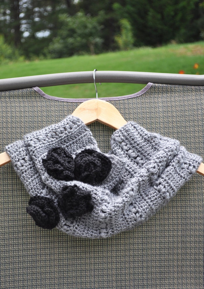 Grey Crochet Cowl with Black Roses