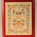 Vintage Mid Century Cross Stitch Sampler Shabby Cottage Chic 1940s OLD 1950s Red Frame