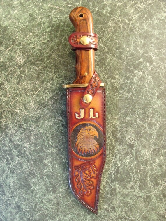 Custom made Bowie knife sheath with eagle and oak by DandLLeather