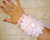 Crochet Cuff BRACELET pink ecru Lace Wrist Cuff Wedding Bridal Accessories