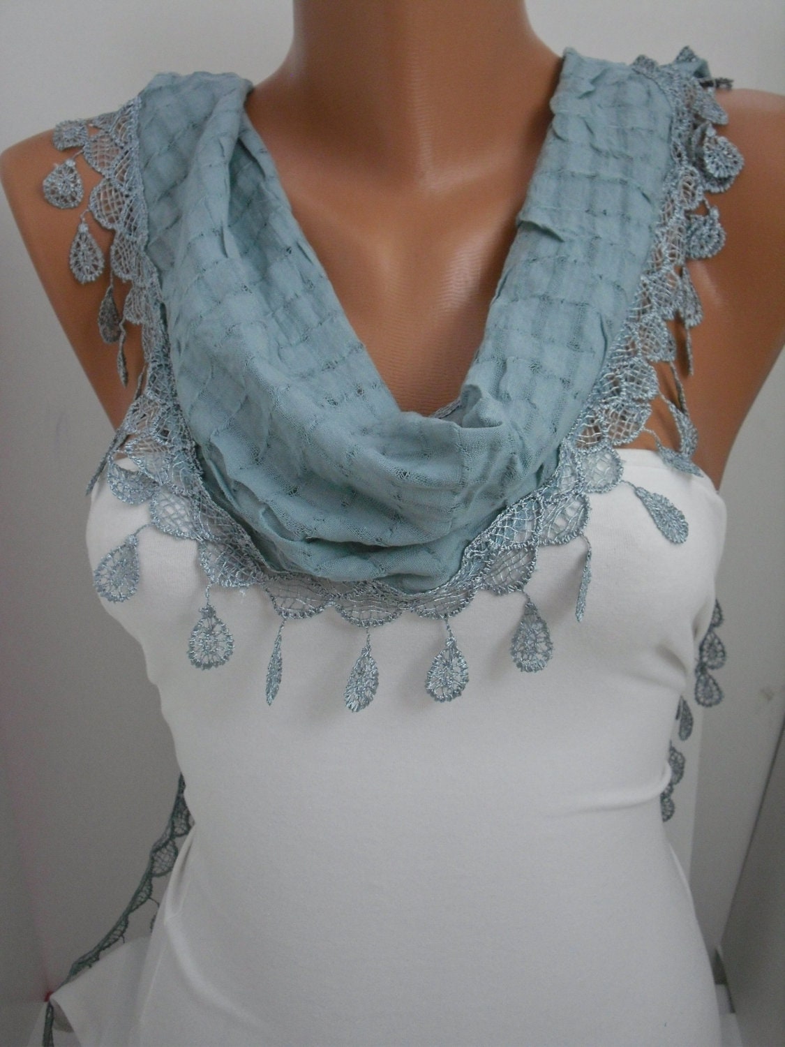 Soft Blue Shawl Scarf - Headband - Cowl with Lace Edge Spring Trends