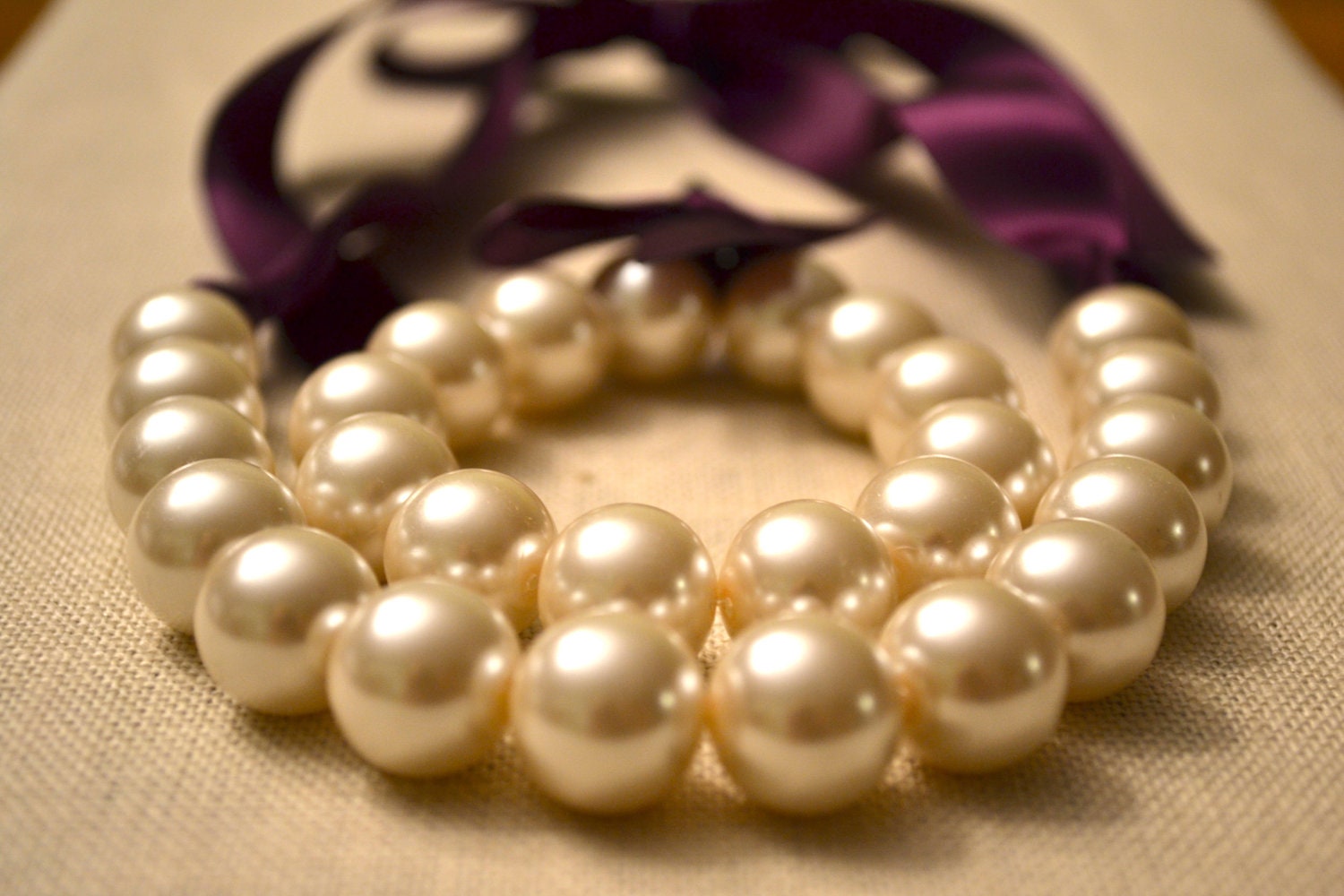 2 Elizabeth Sets: Beautiful Large Ivory Pearl with Plum Ribbon Necklace and Bracelet