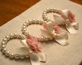 Set of 3 Grace: Ivory Pearl Corsage Bracelet with Ivory Ribbon and Dusty Rose Flower - Little Girls or Adult