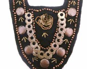 Collar Black Felted  Bronze Metal Beaded  Bib Necklace
