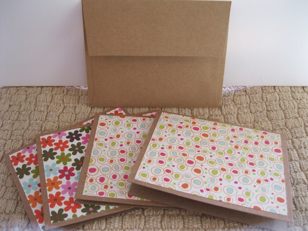 Set of Four/4 Blank Cards, Pink, Green, Orange, Blue, Floral, Circles