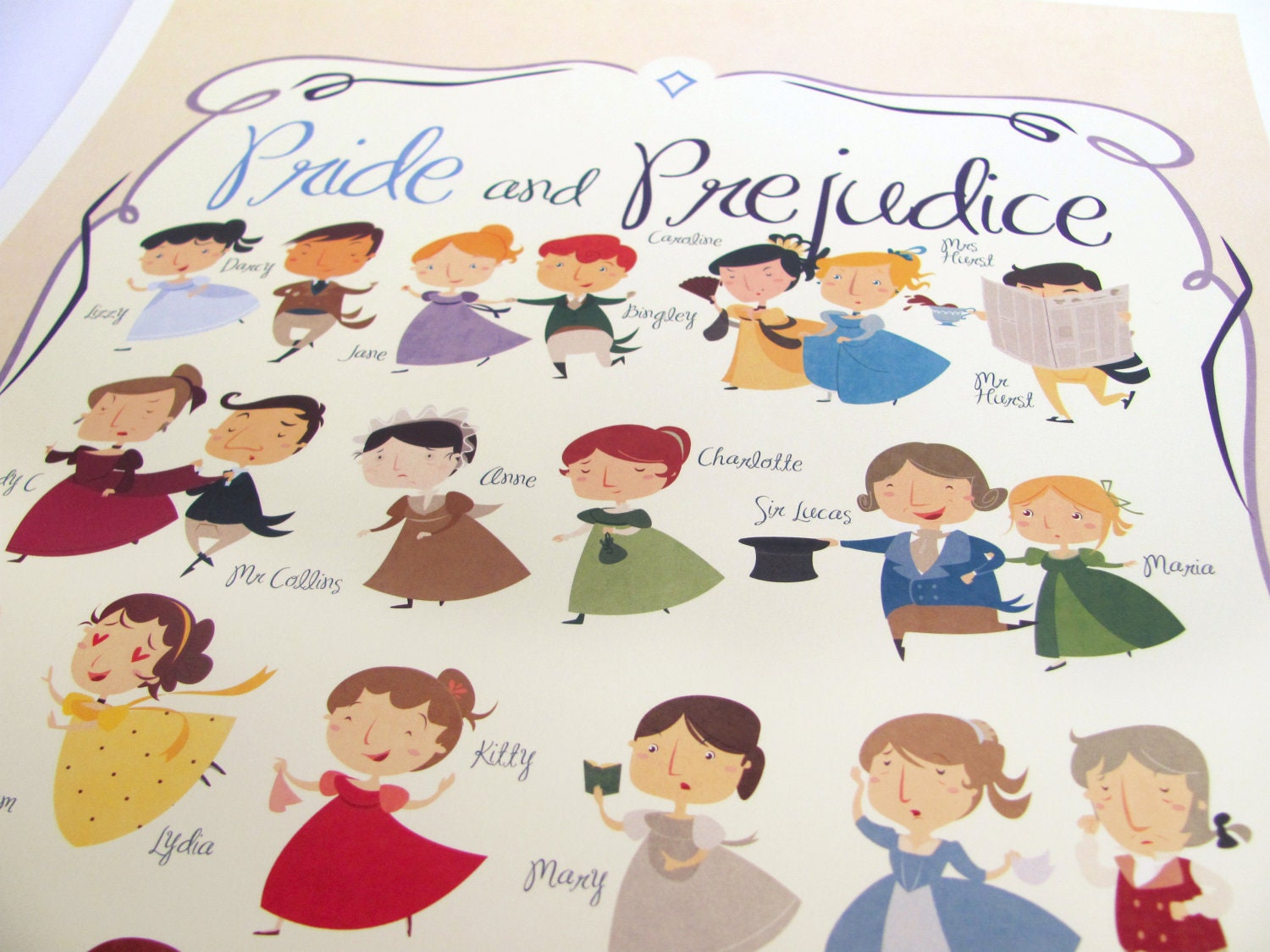 Jane Austen - Pride and Prejudice print, Marathon, all characters from the book