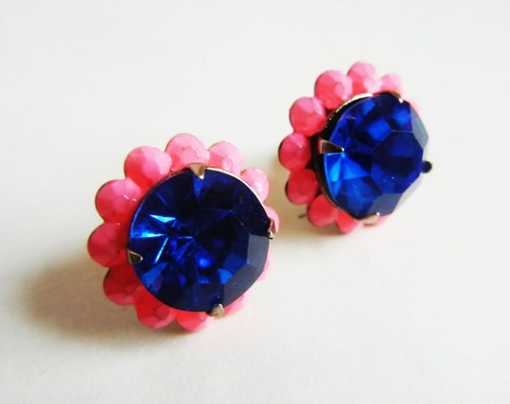 The Lisa Earrings - Hand Painted Neon Pink and Sapphire Rhinestone Earrings - OOAK