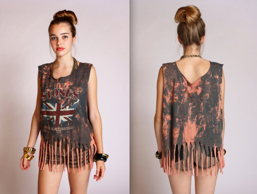 Fringed Rolling Stones Acid Wash Top