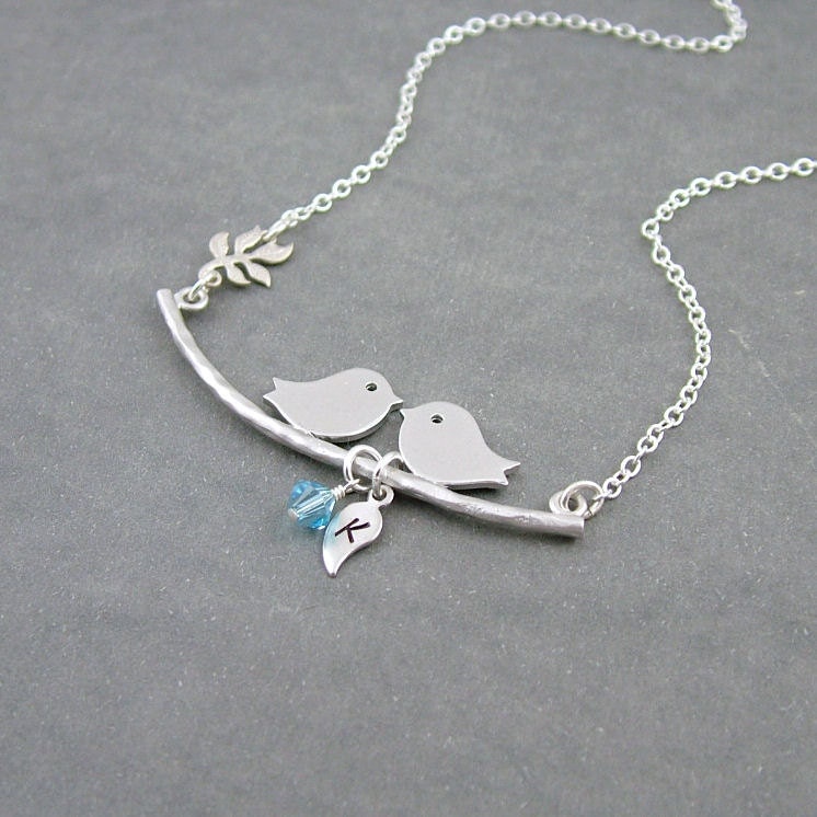 Birds on a Branch Necklace, Birthstone Initial Necklace, Sterling Silver Bird Necklace,  Mama Bird Family Necklace, Love Birds,