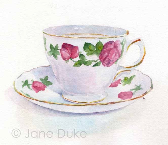 Floral Tea Cup and Saucer Painting Still Life Original Watercolour