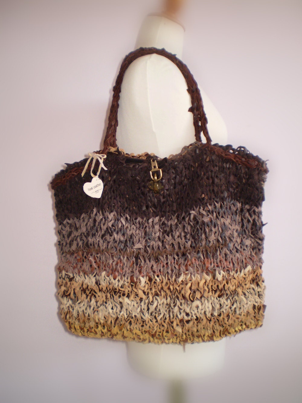 Brown knitted leather tote bag